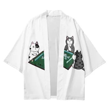 Кимоно Белый Кардиган с милым котом Женщины Мужчины Оби Юката Хаори Японское пальто Традиционная одежда