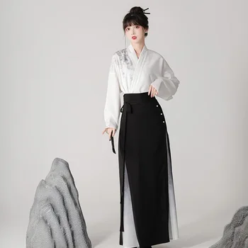 Платья Hanfu в китайском стиле с росписью тушью, костюм, блузка с перекрестным воротником, черная жемчужная юбка с лошадиным лицом, улучшенный оригинальный современный Hanfu