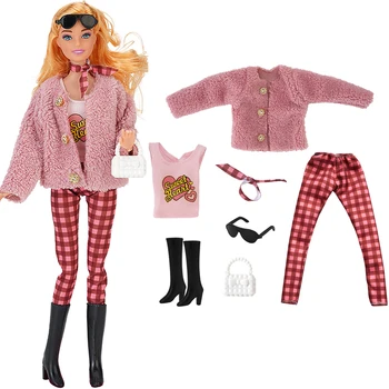 NK 1 комплект Модной одежды принцессы 1/6, комплект из благородного меха, Брюки + Шарф + Солнцезащитные очки + Обувь + Сумка для куклы Барби, аксессуары, Подарочная игрушка для девочек