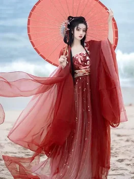 Рубашка с вышивкой в стиле ретро династии Ханьфу Тан, юбка Хэзи, весенне-осенний красный комплект