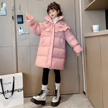 Пуховик с высоким воротом для девочек, модные повседневные детские куртки, однотонные трендовые пальто 2023, зимняя плотная теплая верхняя одежда на молнии