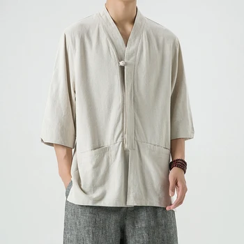 Мужская летняя льняная рубашка с V-образным вырезом в китайском стиле 2023, мужские рубашки, костюм эпохи Тан, пряжка с циферблатом, Винтажная хлопковая льняная рубашка с карманом, куртка
