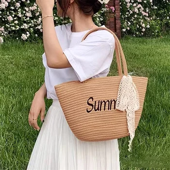 Женская модная тканая сумка с алфавитом, хозяйственная сумка с кружевной отделкой, пляжная сумка-тоут, коричневая сумка через плечо большой емкости