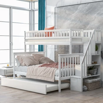 Двуспальная двухъярусная кровать с выдвижным ящиком и лестницей, белая