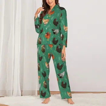 Пижама с рисунком цыпленка в виде листьев, женское Милое животное, Модная пижама для комнаты, Весенний повседневный пижамный комплект на заказ из двух частей большого размера